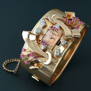 Massive Unique Retro Bulova 14k Rose Gold,  Diamond & Ruby Bangle Cuff Watch
