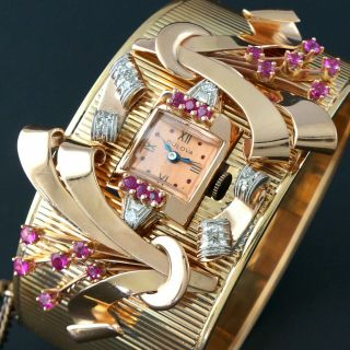 Massive Unique Retro Bulova 14K Rose Gold,  Diamond & Ruby Bangle Cuff Watch 2
