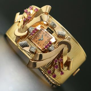 Massive Unique Retro Bulova 14K Rose Gold,  Diamond & Ruby Bangle Cuff Watch 3