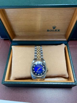 Men ' s Rolex Datejust 14K Yellow Gold Watch Blue Diamond Dial Fluted Bezel 1601 2