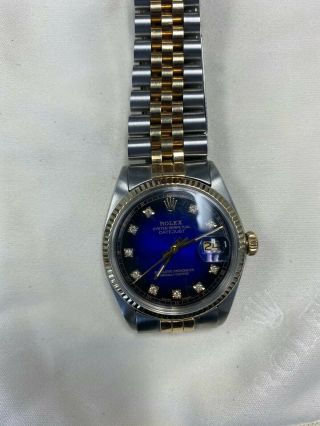 Men ' s Rolex Datejust 14K Yellow Gold Watch Blue Diamond Dial Fluted Bezel 1601 3