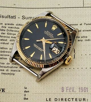 Rolex Datejust Vintage C.  1961 Mens Watch Stainless Case Gilt Black Dial Ref.  1601