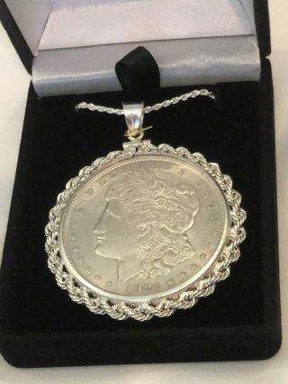 Vintage Morgan Silver Dollar Coin Necklace Pendant W Silver Bezel And Chain
