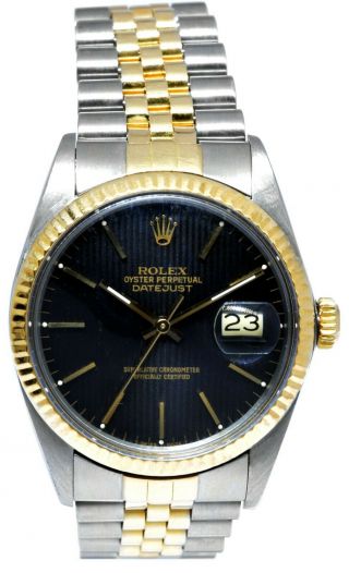 Rolex Datejust 18k Yellow Gold/steel Black Dial Jubilee Mens 36mm Watch 16013 R