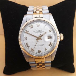 Rolex Datejust 16013 18k Yellow Gold Stainless Ivory Pyramid Roman Dial Mens