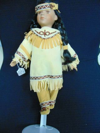 14 " Native American Porcelain Doll W/baby On Her Back W/stand