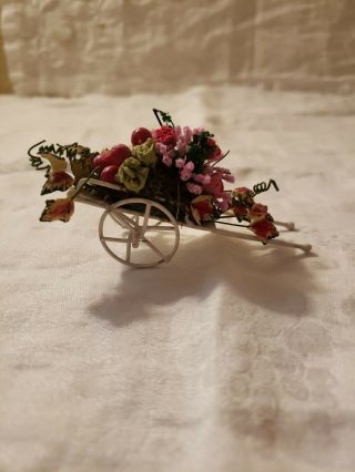 Miniature White Flower Pull Cart Doll House Diorama Fairy Garden Dollhouse