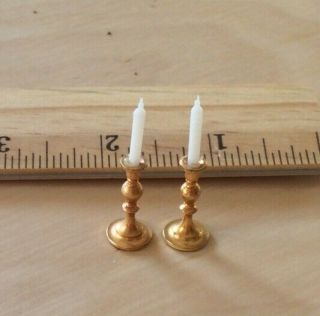 Dollhouse Miniatures 1:12 Scale Candlesticks With Wax Candles.  Set Of 2 In Gold.