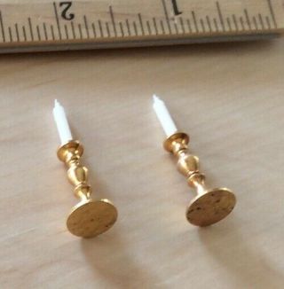 dollhouse miniatures 1:12 Scale Candlesticks With Wax Candles.  Set Of 2 In Gold. 2
