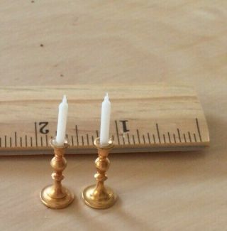 dollhouse miniatures 1:12 Scale Candlesticks With Wax Candles.  Set Of 2 In Gold. 3