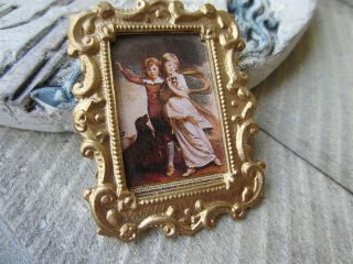 Dollhouse Miniature Gold Metal Ornate Frame Framed Art Print Children & Dog