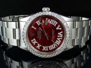 Mens Rolex Datejust Oyster Perpetual 36mm S.  Steel Red Dial Diamond Watch 3.  0 Ct
