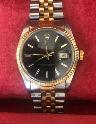 Rolex Datejust Mens Two - Tone 18K Yellow Gold Stainless Steel Black Jubilee 16013 3