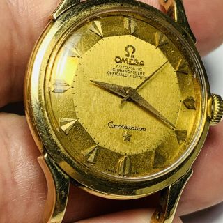 1950’s 14k Gold Omega Constellation Men’s Wrist Watch Deluxe Pie Pan Dial