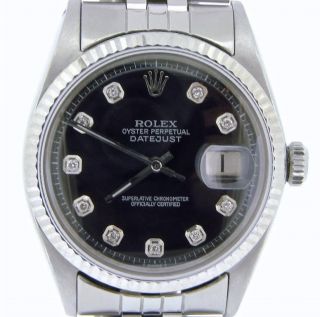 Rolex Datejust Mens Stainless Steel Watch Jubilee W/ Black Diamond Dial 1601