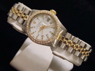Rolex Date Ladies 2tone 14k Gold Stainless Steel Watch Roman Dial Diamond Bezel