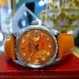 Mens Vintage Rolex Oyster Perpetual Datejust 36mm Orange Diamond Dial Watch
