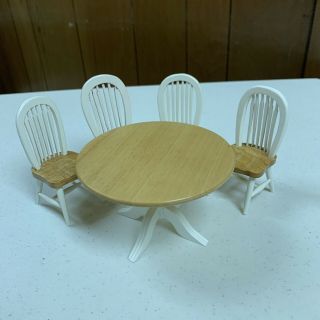 Dollhouse Miniature 1/12 Wood Round Dining Table & 4 Chairs Set