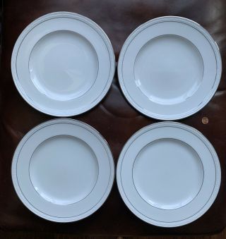 4 Noritake 10 1/2 " Dinner Plates Stoneleigh 4062 White Silver Embossed Scrolls