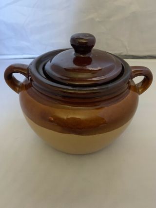 Stoneware Double Handle Baked Bean Pot Cookie Jar With Lid Brown 7.  5 Inch Height