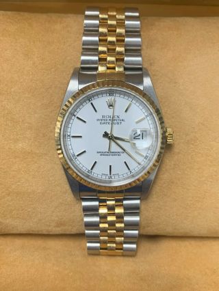 Rolex Datejust Steel 18k Yellow Gold 36mm White Stick Dial 16233