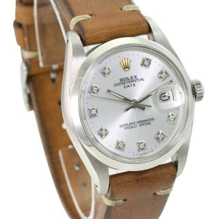 Rolex Oyster Perpetual Date Steel Silver Diamond Dial 34mm Leather Band Watch