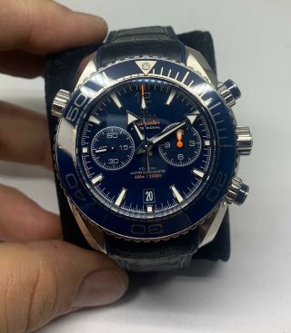 Omega Seamaster Planet Ocean 600m Chronograph 45.  5mm Blue Dial Leather Strap