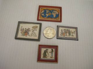 Vtg Miniature Doll House Accessories 4 Framed Wall Paintings /pictures Hong Kong
