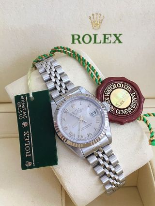 Ladies Rolex Datejust 18k & Stainless Steel Ref.  69174 Rhodium Roman Dial