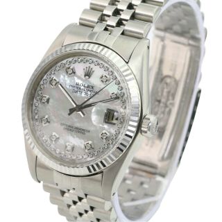 Rolex Mens Datejust Ss White Mop Diamond Dial Fluted Bezel 36mm Watch