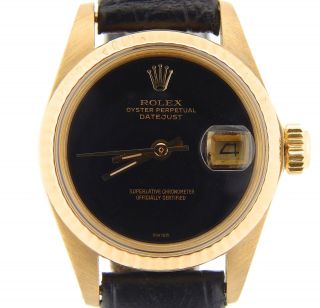 Ladies Rolex Solid 18k Yellow Gold Datejust Watch Leather Band Black Dial 6917