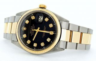 Rolex Datejust Mens Stainless Steel & Yellow Gold Watch Black Diamond Dial 1601