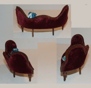 Dollhouse wood tufted velvet settee with purse and hat - handmade OOAK 3