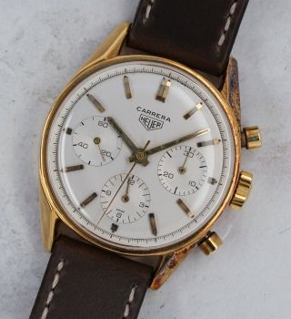 Vintage Heuer Carrera Chronograph Wristwatch Ref.  2456S 18K Gold Valjoux 72 NR 2