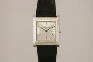 Vintage Patek Philippe Square 18k White Gold Mechanical Watch 1960s Ref 3404