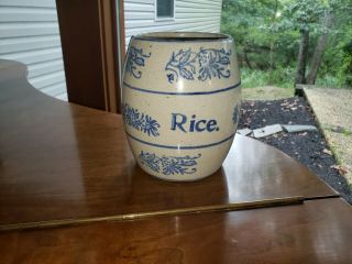 Blue & White Stenciled Stoneware Wildflower Canister " Rice " Brush Mccoy Pottery