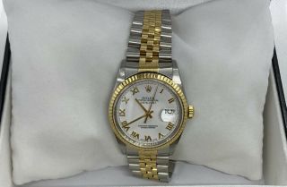 Rolex Datejust 18k Yellow Gold/steel White Roman Dial Mens 36mm Watch 16233