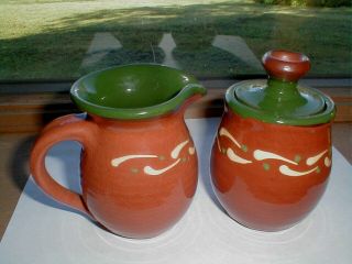 Hand Painted Studio Pottery Terra Cotta Red Clay Green Brown Creamer &sugar Bowl