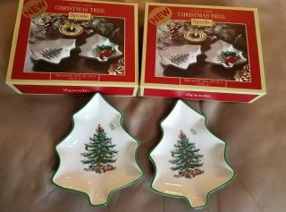 4 Spode Christmas Tree Shaped Dishes 6 Inches Green Trim Candy Nuts Mints