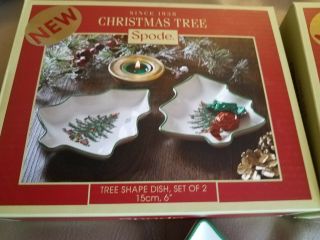 4 Spode Christmas Tree Shaped Dishes 6 inches Green Trim Candy Nuts Mints 2