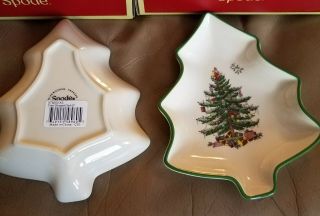 4 Spode Christmas Tree Shaped Dishes 6 inches Green Trim Candy Nuts Mints 3