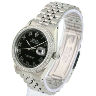 Rolex Men ' s 36mm Watch Datejust Stainless Steel Black Roman Dial Diamond Bezel 3
