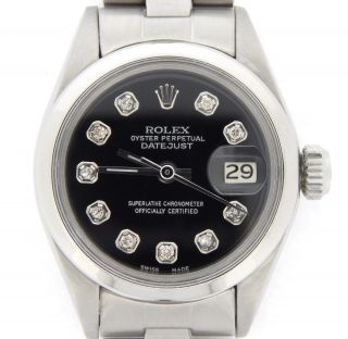 Rolex Datejust Lady Stainless Steel Ss Watch Oyster Band Black Diamond Dial 6916