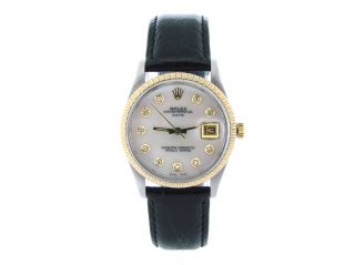 Mens Rolex Date 2tone 14k Gold/steel Black Leather Watch White Mop Diamond Dial