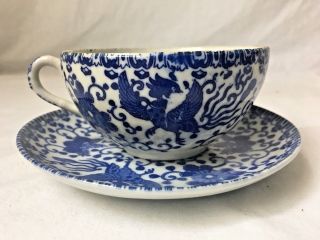 Blue And White Oriental Cup And Saucer W Phoenix Bird Made In Japan
