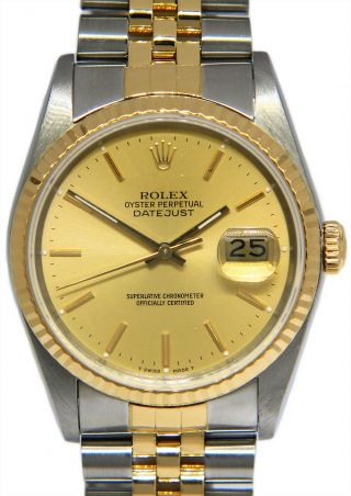 Rolex Datejust 18k Yellow Gold/steel Champagne Index Dial Mens 36mm Watch 16233