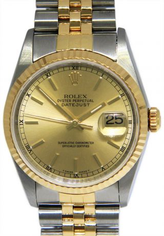 Rolex Datejust 18k Yellow Gold/steel Index Champagne Dial Mens 36mm Watch 16233