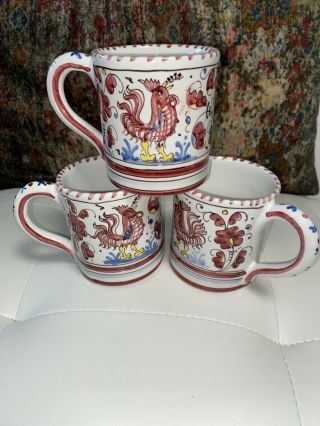 Set Of 3 Pv Deruta Italy Majolica Pottery Rooster Mugs