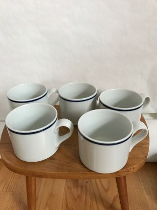 Set Of 5 Dansk Bistro White With Blue Trim Coffee Mugs/good
