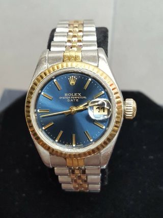 Vntg Ladies Rolex Oyster Perpetual Date 18K Gold & Stainless Watch w/Box 6917 2